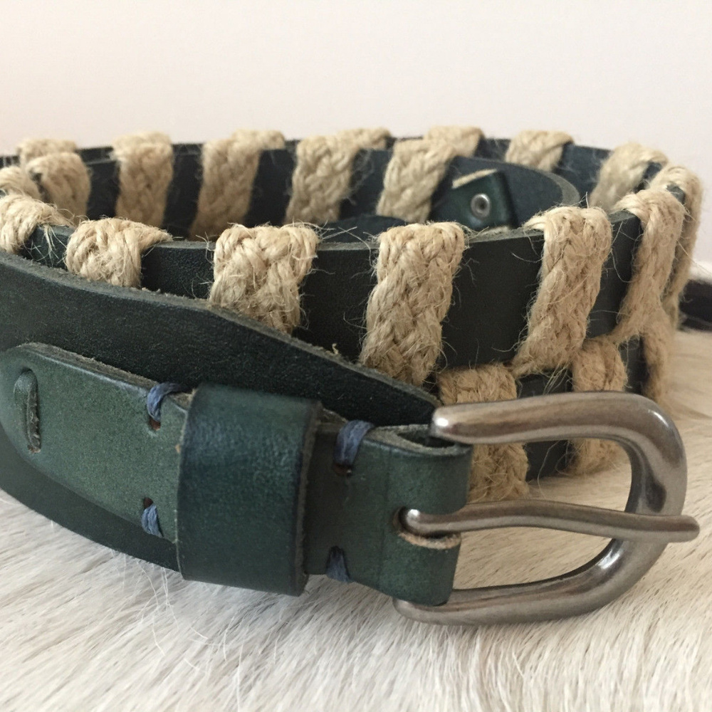 Anthropologie Linea Pelle Summer Grasses Belt Dark Green Leather & Jute, S & M